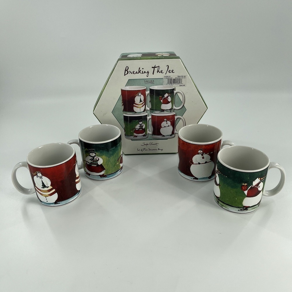 Set of 4 Sakura Breaking The Ice Coffee‎ Mugs Cocoa Cups 12 oz Snowman Winter